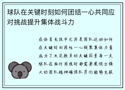 球队在关键时刻如何团结一心共同应对挑战提升集体战斗力