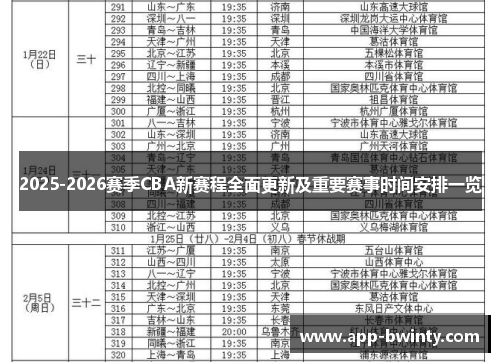 2025-2026赛季CBA新赛程全面更新及重要赛事时间安排一览