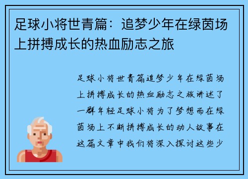 足球小将世青篇：追梦少年在绿茵场上拼搏成长的热血励志之旅